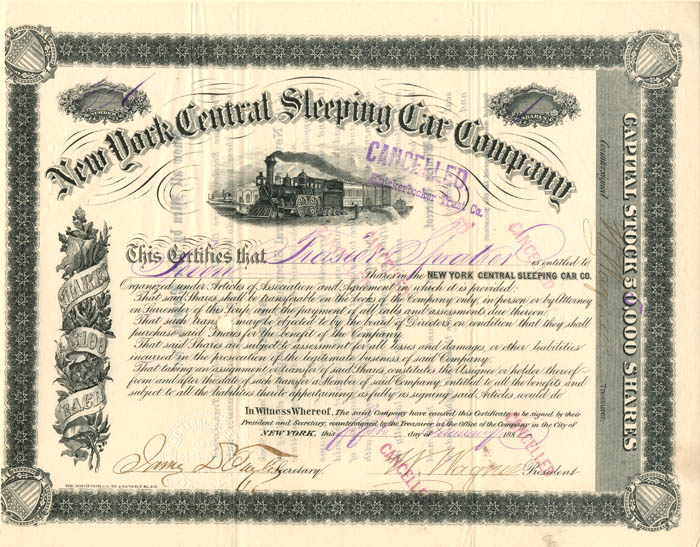 New York Central Sleeping Car Co. signed by W. Wagner - Stock Certificate